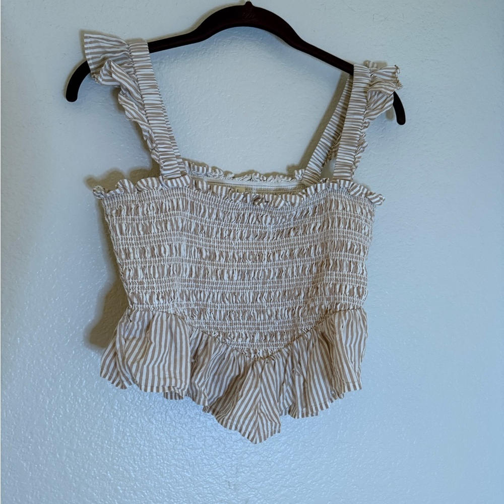 American Eagle Outfitters Cream and Tan Smocked Crop Top